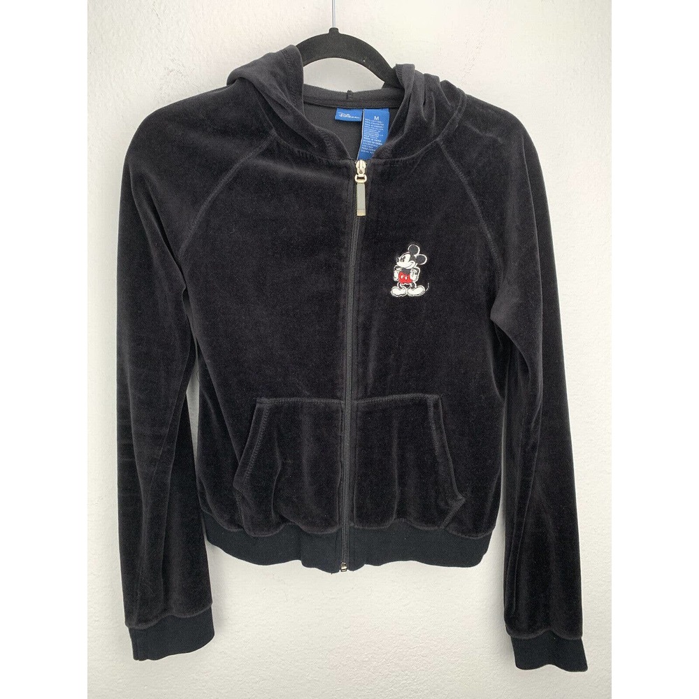 Disney Mickey Mouse Velour Track Jacket Hooded Crop Black Size M Medium